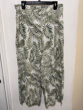 Tahari Linen Cropped Pants White Green Leaf Print 100% Linen Size Large Side Zip